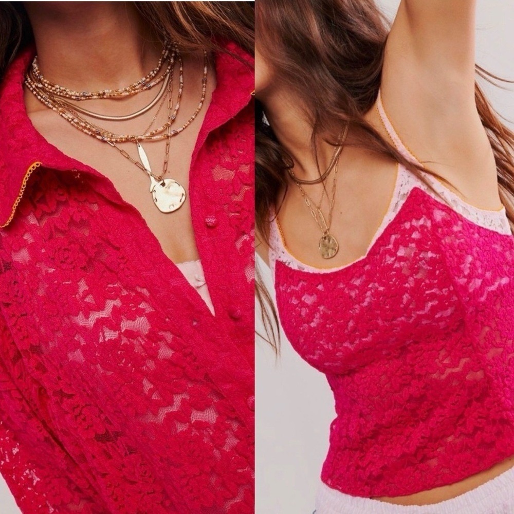 Free People All Day Lace Hot Pink Combo Buttondown Shirt + Cami Size Large NWT